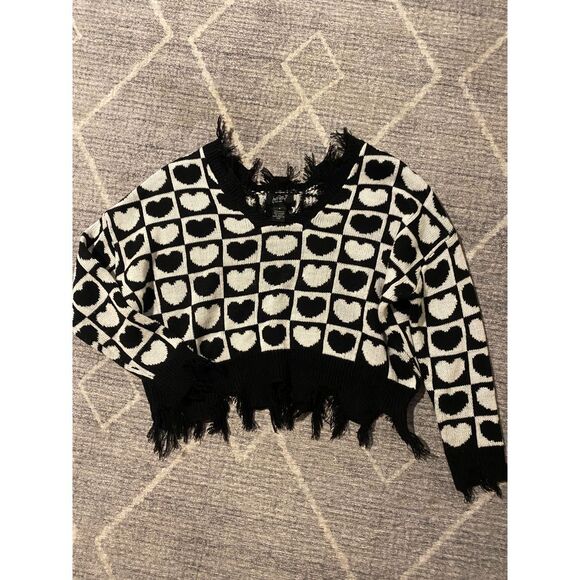 Just Polly Black w/Hearts Distressed fringe tassel pullover size S - Picture 1 of 2